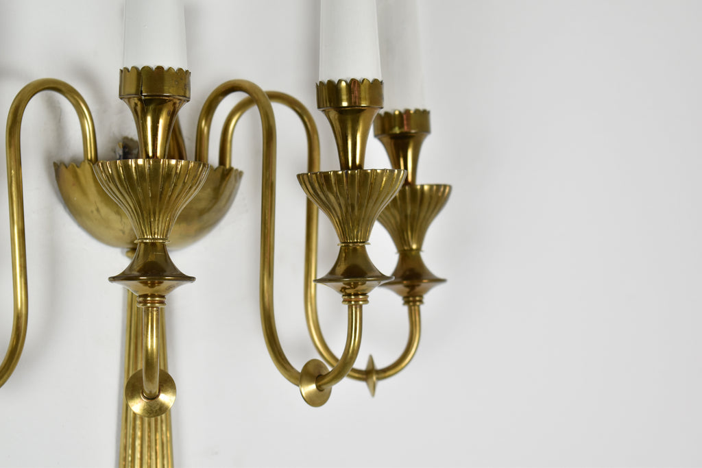 Pair of Four-Light Italian Brass Candelabra Sconces, 1940s