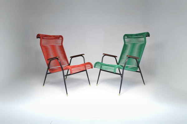 1950's Vintage French Red and Green Scoubidou Lounge Chairs, Set of Two