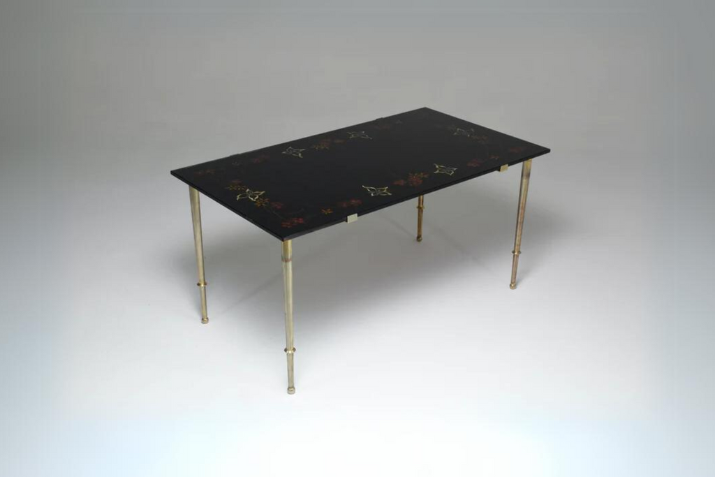 1970's French Floral Glass Hand-Painted Coffee Table