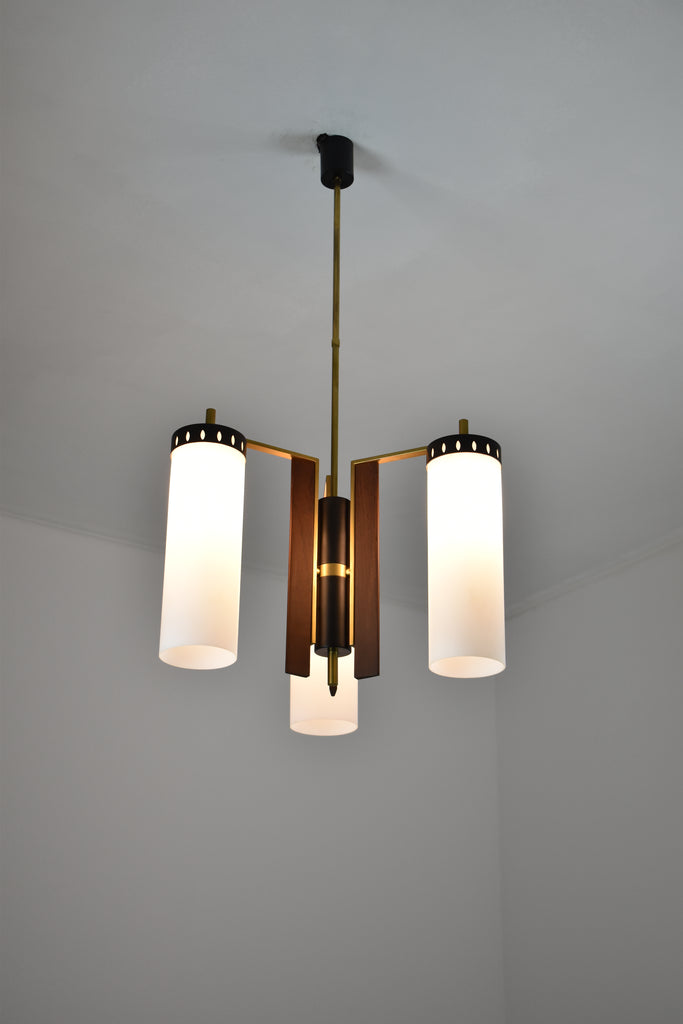 1960's 3 Light Glass and Wood Pendant Attributed to Stilnovo