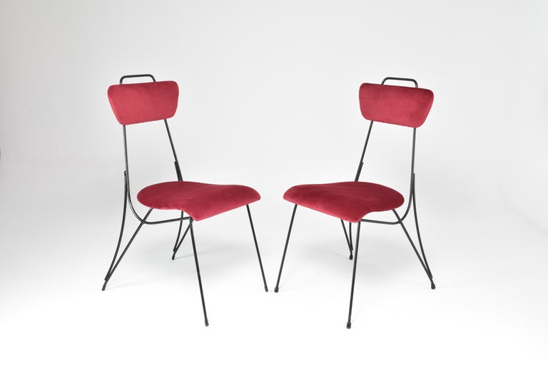 Pair of French Midcentury Metal and Velvet Chairs, 1950s