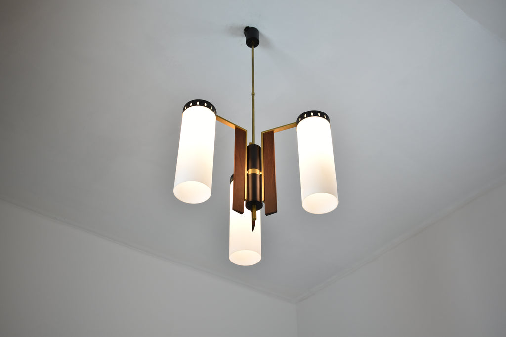 1960's 3 Light Glass and Wood Pendant Attributed to Stilnovo