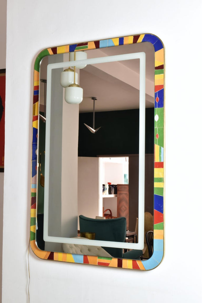 Handcrafted Led Light Mosaic and Brass Bathroom Mirror by Jonathan Amar Studio