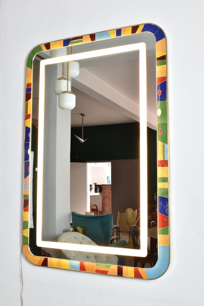 Handcrafted Led Light Mosaic and Brass Bathroom Mirror by Jonathan Amar Studio