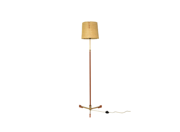 Contemporary Adjustable Leather Brass Wicker Floor Lamp, Ancora-T