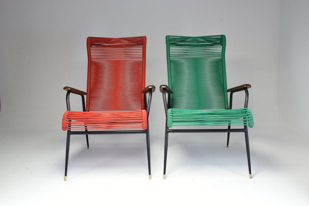 1950's Vintage French Red and Green Scoubidou Lounge Chairs, Set of Two - Spirit Gallery 