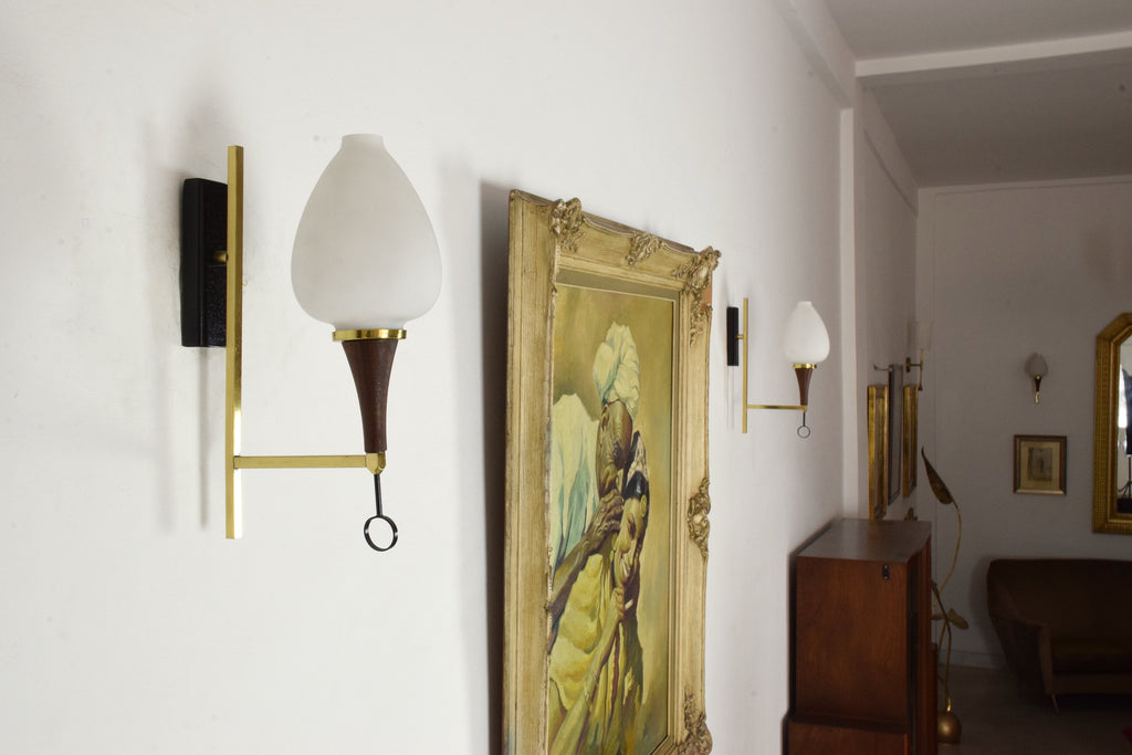 20th Century Pair of Italian Wood and Brass Sconces, 1950's - Spirit Gallery 