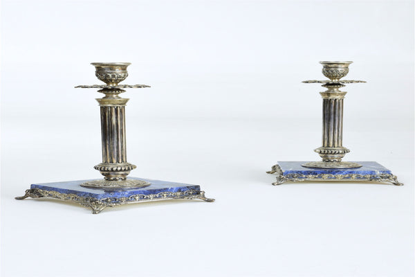 Antique 19th Century Pair of Italian Lapis Lazuli Candleholders - Spirit Gallery 